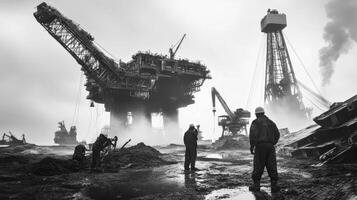 Global Economic Crisis Oil Concept. An industrial scene featuring an oil rig and workers in a moody black-and-white atmosphere, emphasizing the energy sector's scale and complexity. photo