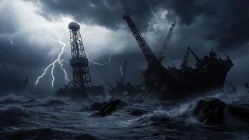 Global Economic Crisis Oil Concept. Dark, stormy scene featuring an oil rig and a ship at sea, illuminated by lightning, evoking a sense of danger and turmoil. photo