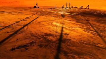 Global Economic Crisis Oil Concept. Vast desert landscape under a dramatic sunset with oil rigs casting long shadows, depicting an industrial scene in a natural setting. photo
