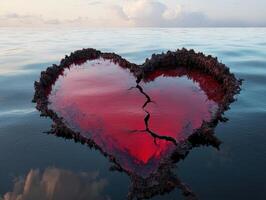 Global Economic Crisis Oil Concept. A heart-shaped body of water reflects a vibrant red hue, cracked and surrounded by a dark border, set against a calm sea and cloudy sky. photo