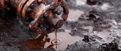 Global Economic Crisis Oil Concept. A rusty pipe leaking liquid into muddy soil, creating small ripples in the puddle. photo