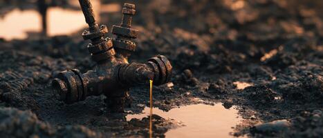 Global Economic Crisis Oil Concept. A rusty faucet leaks water into a muddy ground, creating puddles and highlighting the contrast between metal and earth. photo