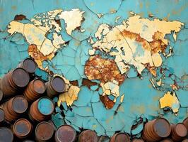 Global Economic Crisis Oil Concept. A vintage map of the world with peeling paint, surrounded by stacked barrels, creating a rustic and distressed aesthetic. photo