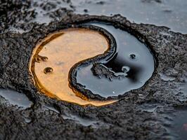 Global Economic Crisis Oil Concept. A yin-yang symbol formed by contrasting dark and light substances, set against a textured background, representing balance and harmony. photo