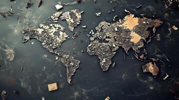 Global Economic Crisis Oil Concept. A textured, artistic representation of a world map with various colors and materials, set against a dark background, suggesting an abstract theme. photo