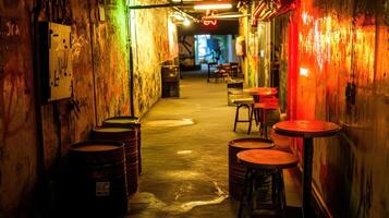 Global Economic Crisis Oil Concept. A dimly lit corridor adorned with graffiti and colorful lights, featuring wooden stools along the sides, creating a vibrant and urban atmosphere. photo
