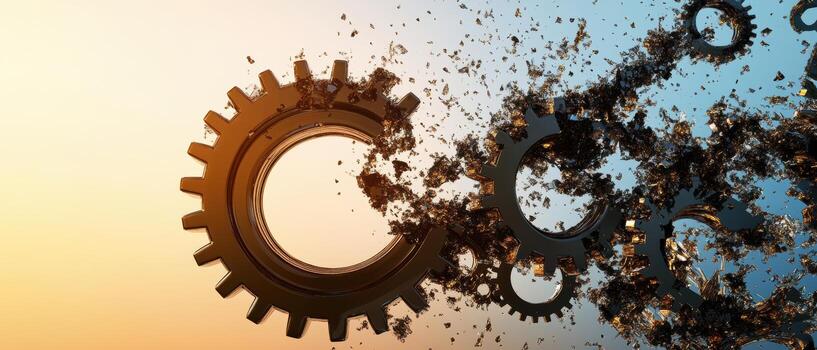 Global Economic Crisis Oil Concept. Exploding gears create a dynamic and industrial effect against a vibrant background, symbolizing innovation and mechanical energy. photo