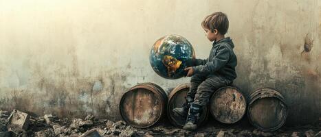 Global Economic Crisis Oil Concept. A child sits on barrels, holding a globe, amidst a gritty environment, conveying themes of innocence and environmental awareness. photo