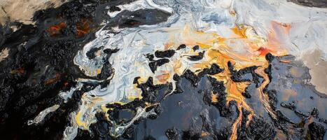 Global Economic Crisis Oil Concept. Abstract oil patterns with a mix of black, white, and orange hues create a striking visual effect reminiscent of a natural landscape. photo