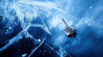 Global Economic Crisis Oil Concept. Oil rig surrounded by ice in a cold ocean environment, showcasing industrial activity amidst natural elements. photo