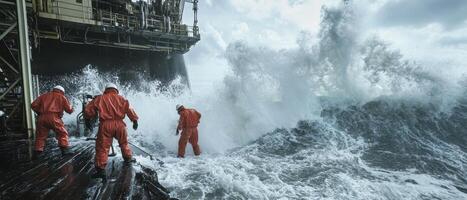 Global Economic Crisis Oil Concept. Workers in orange gear face turbulent waves near an offshore platform during a storm, showcasing the power of nature in a challenging environment. photo