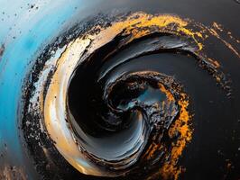 Global Economic Crisis Oil Concept. Swirling patterns of black and orange paint create a striking abstract composition against a blue backdrop. photo