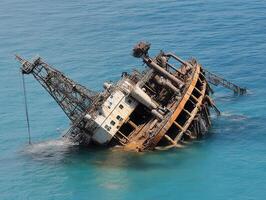 Global Economic Crisis Oil Concept. Abandoned oil rig partially submerged in clear blue water, showcasing rusted structures and marine growth. photo
