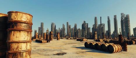 Global Economic Crisis Oil Concept. Abandoned landscape with rusty barrels and towering industrial structures against a clear blue sky. photo