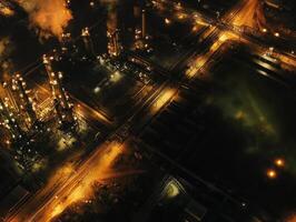 Global Economic Crisis Oil Concept. Aerial view of an industrial site at night with illuminated towers and smoke, showcasing a vibrant yet heavy industrial atmosphere. photo