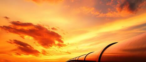 A vibrant sunset paints the sky with hues of orange and yellow, complemented by softly swirling clouds and silhouetted structures in the foreground. photo