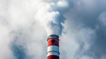 A tall smokestack emits white smoke into a cloudy sky, symbolizing industrial activity and potential environmental impact. photo