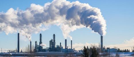 A large industrial complex emits thick smoke into a clear blue sky, showcasing the impact of manufacturing on the environment. photo