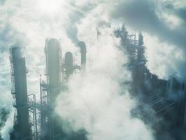 A foggy industrial scene featuring towering structures emitting smoke against a bright sky, highlighting environmental concerns. photo