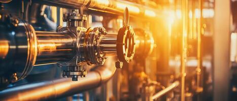 A close-up of industrial piping, showcasing gleaming metal surfaces illuminated by warm sunlight, creating a dynamic and vibrant atmosphere. photo