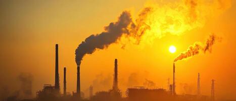 A hazy sunset casts a golden hue over industrial smokestacks, with plumes of smoke rising into the sky, symbolizing pollution and environmental concerns. photo