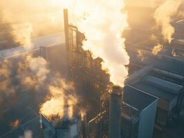 An industrial scene at sunset, showing smoke billowing from factory chimneys, highlighting pollution and environmental concerns. photo