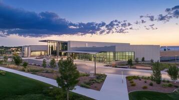 A modern building with large windows, surrounded by landscaped greenery, under a twilight sky with scattered clouds. photo