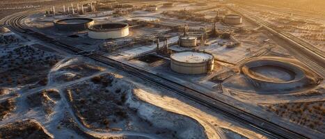 Aerial view of industrial oil tanks surrounded by pipelines and barren landscape during sunset, showcasing energy infrastructure and production processes. photo