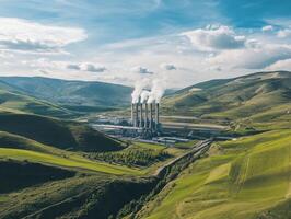 Aerial view of a power plant with smoke stacks surrounded by green hills and a clear blue sky. photo