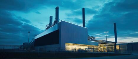 A modern industrial facility under a dramatic sky, featuring tall smokestacks and illuminated sections, conveying a sense of energy production. photo
