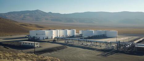 A vast landscape featuring large white storage tanks, surrounded by mountains and open terrain, emphasizing industrial activity in a remote area. photo