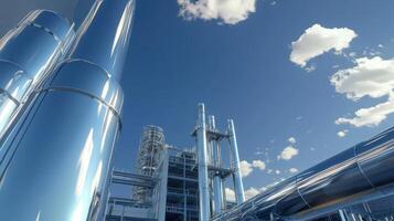 A modern industrial scene featuring tall metallic structures against a bright blue sky with scattered clouds. photo