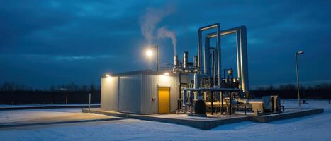 A modern industrial facility emits steam at dusk, surrounded by snow, highlighting its operational efficiency in a cold environment. photo