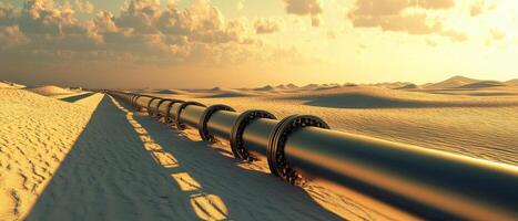 A long, black pipeline stretches across a sandy desert landscape, illuminated by a warm sunset, highlighting the contrast between industry and nature. photo