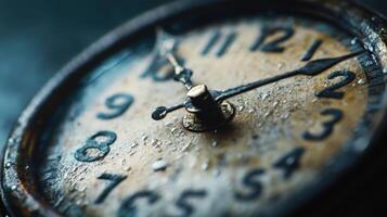 Close-up of a Vintage Rusty Clock Face with Weathered Numbers and Hands, Capturing the Passage of Time and Nostalgia photo