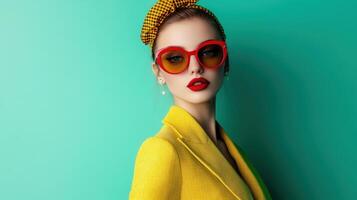Stylish Woman in Yellow Blazer and Red Sunglasses Against a Turquoise Background photo