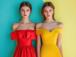 Elegant Fashion Portrait of Two Women in Vibrant Red and Yellow Off-Shoulder Dresses Against Colorful Background photo