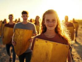 Group of Young People Holding Shields in Sunlit Field, Smiling Girl in Foreground, Golden Hour photo