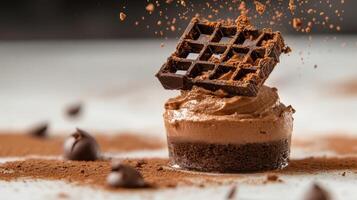 Decadent Chocolate Dessert with Cocoa Powder and Chocolate Chips on a White Background photo