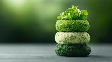 Stack of Three Green Moss-Covered Stones with Small Plants on Top Against a Blurred Green Background photo