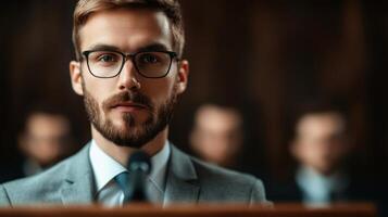 Confident Young Professional in Suit and Glasses Speaking at Podium in Business Conference Setting photo