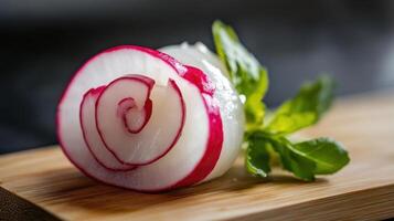 Close-Up of a Beautifully Sliced Radish Rose on a Wooden Cutting Board with Fresh Green Leaves photo