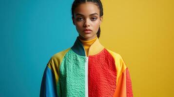 Portrait of a Young Woman in Colorful Modern Jacket Against Vibrant Yellow and Blue Background photo