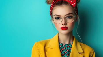 Stylish Young Woman in Bright Yellow Jacket and Red Polka Dot Headband Against Turquoise Background photo