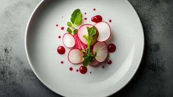 Elegant Gourmet Dish with Fresh Radish Slices and Microgreens on a White Plate photo