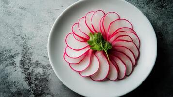 Freshly Sliced Radishes Arranged in a Circular Pattern on a White Plate with Parsley Garnish photo