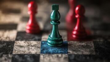 Close-Up of Chess Pieces on a Checkered Board with Focus on Green Pawn Surrounded by Red Pawns photo