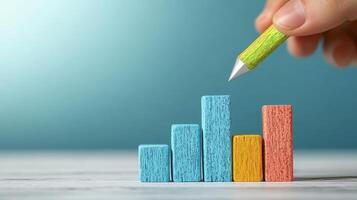 Hand Holding Pencil Drawing Increasing Bar Graph on Colorful Wooden Blocks Against Blue Background photo