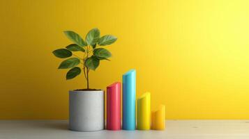 Colorful Bar Graph with Plant in Concrete Pot Against Bright Yellow Background Representing Growth and Success photo