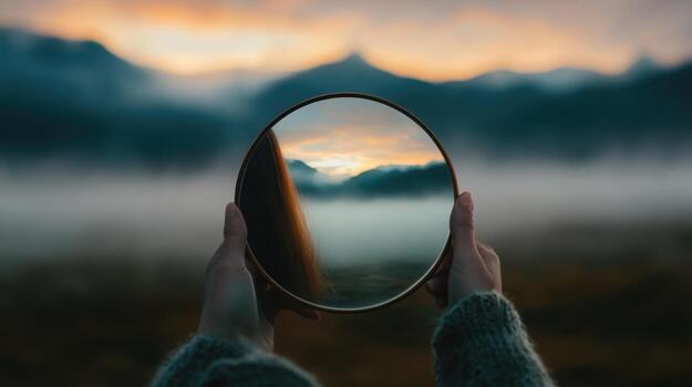 Reflective Mirror Held by Hands Capturing Serene Mountain Landscape at Sunset with Misty Atmosphere photo